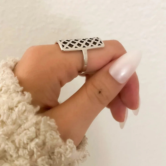 925 Sterling Silver Large Rectangle Ring Chunky Thick Bold Wide Statement Ring - Picture 9 of 11